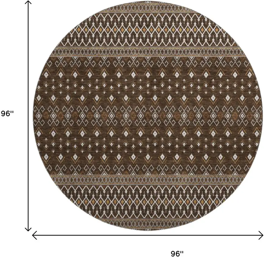 8' Chocolate And Ivory Tribal Washable Round Rug With UV Protection Photo 4