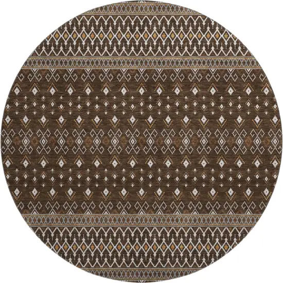 8' Chocolate And Ivory Tribal Washable Round Rug With UV Protection Photo 1