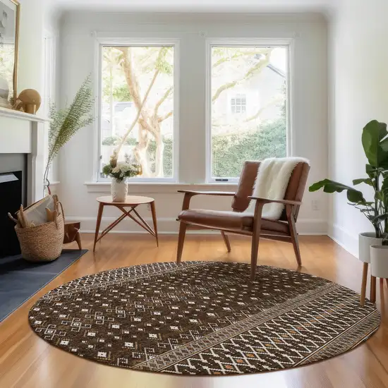 8' Chocolate And Ivory Tribal Washable Round Rug With UV Protection Photo 3