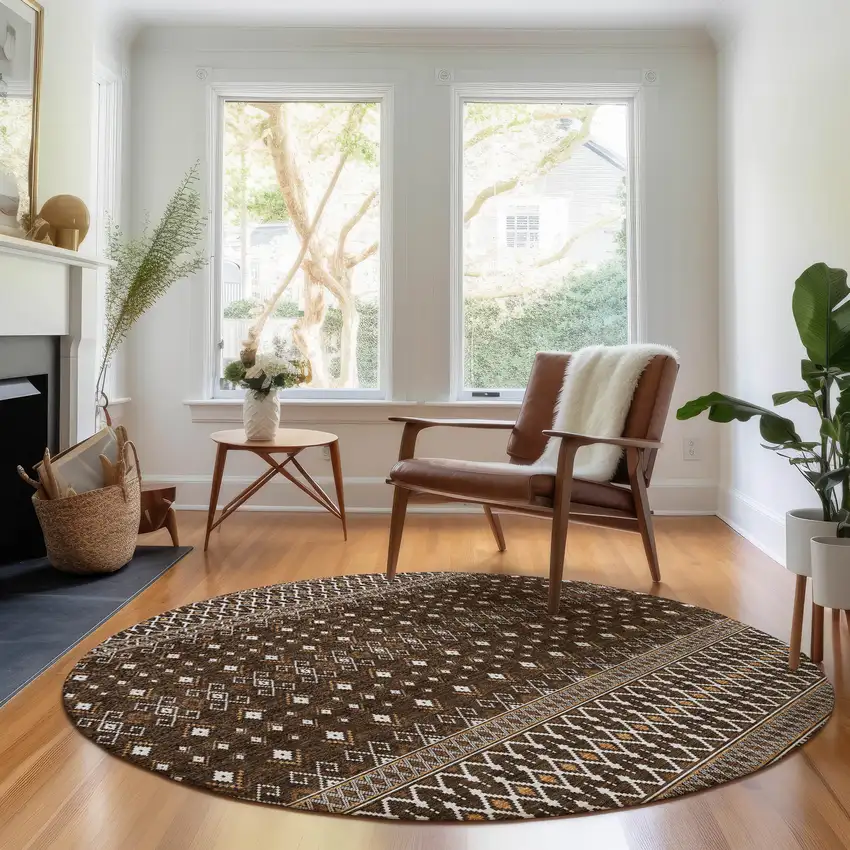 8' Chocolate And Ivory Tribal Washable Round Rug With UV Protection Photo 3