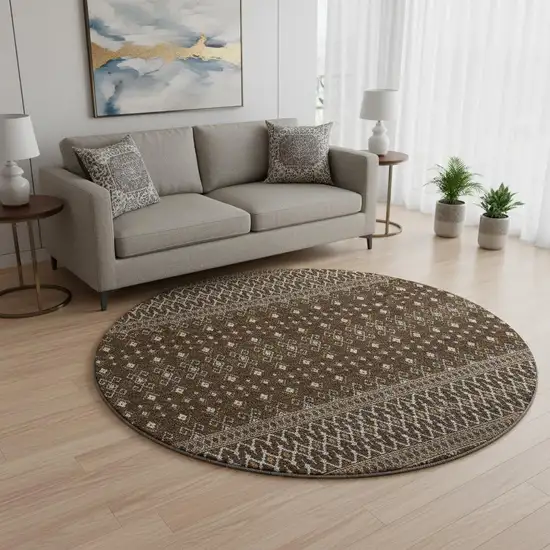 8' Chocolate And Ivory Tribal Washable Round Rug With UV Protection Photo 2