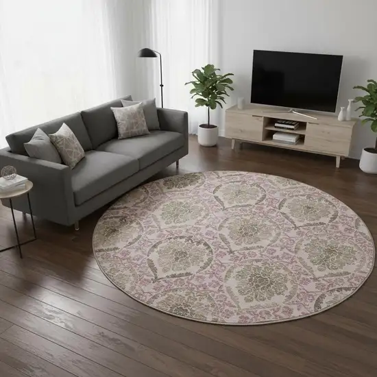 8' Chocolate And Mauve Medallion Washable Round Rug With UV Protection Photo 2