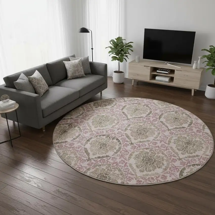 8' Chocolate And Mauve Medallion Washable Round Rug With UV Protection Photo 2