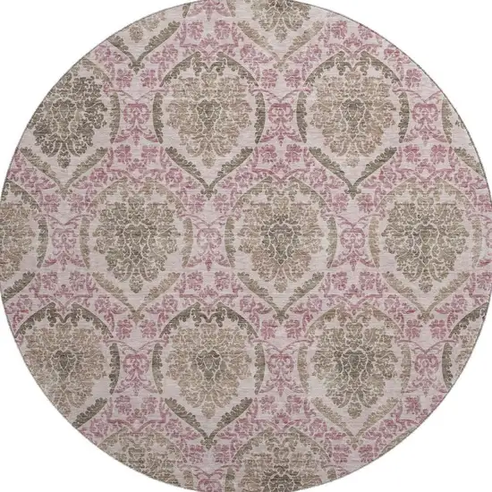 8' Chocolate And Mauve Medallion Washable Round Rug With UV Protection Photo 4
