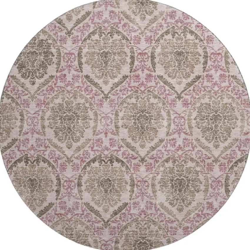 8' Chocolate And Mauve Medallion Washable Round Rug With UV Protection Photo 4
