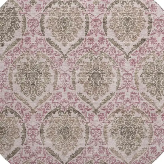 8' Chocolate And Mauve Medallion Washable Round Rug With UV Protection Photo 3