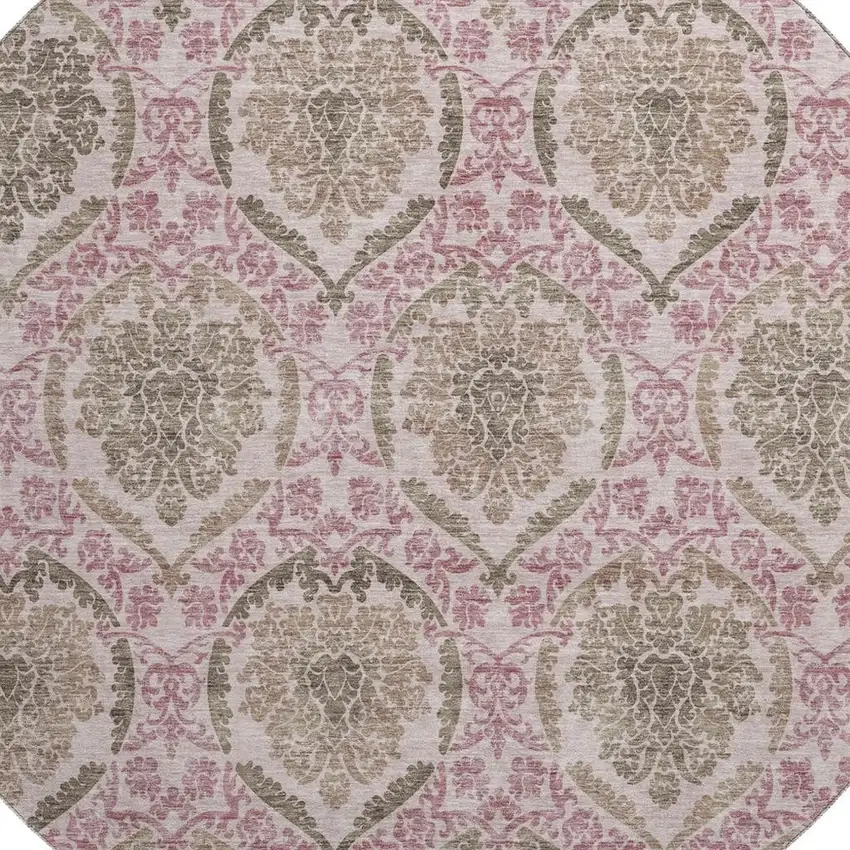 8' Chocolate And Mauve Medallion Washable Round Rug With UV Protection Photo 3