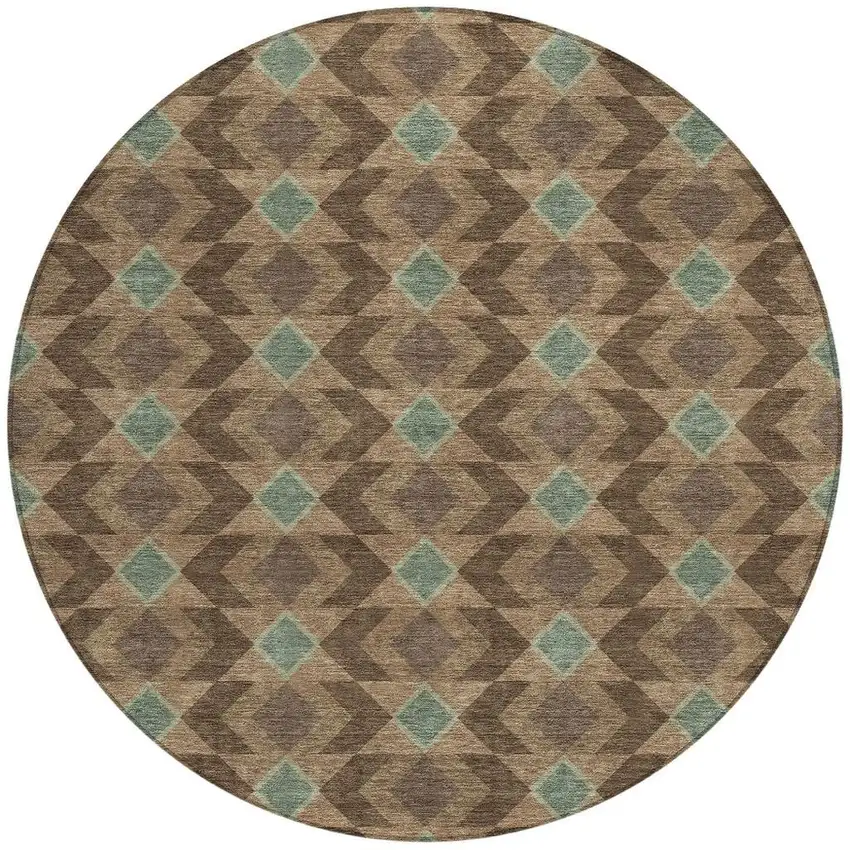 8' Chocolate And Navy Blue Round Geometric Washable Indoor Outdoor Area Rug Photo 2
