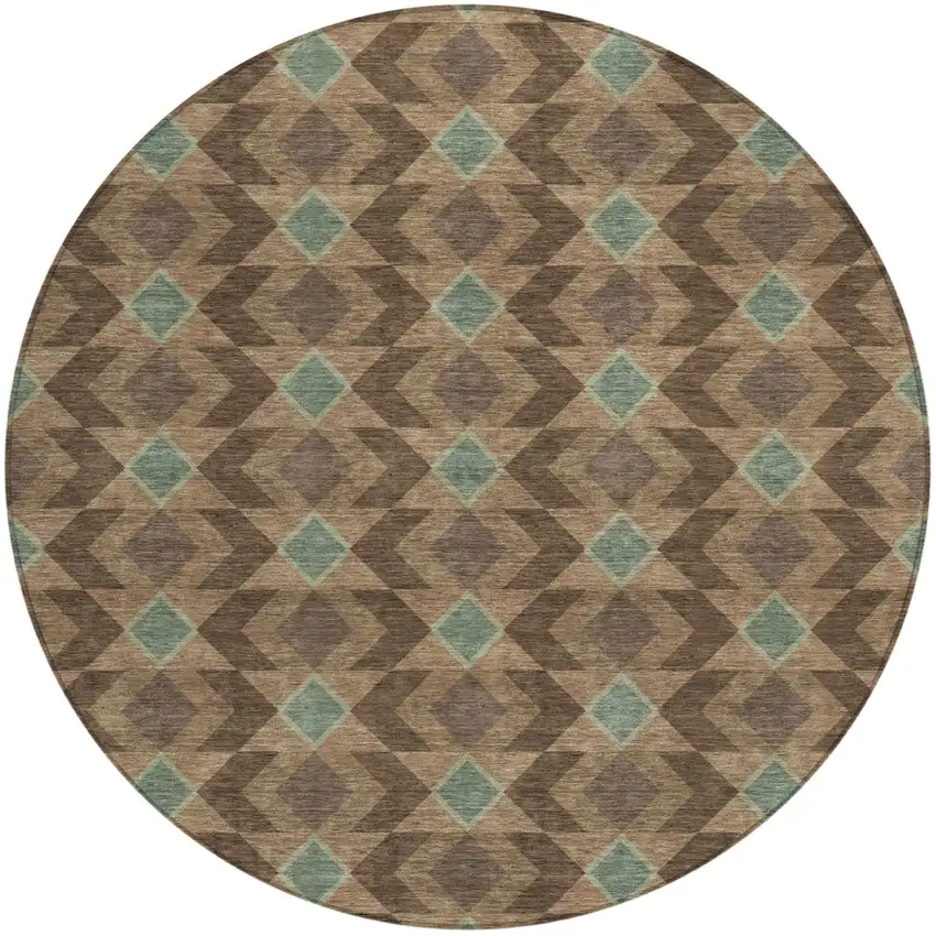 8' Chocolate And Navy Blue Round Geometric Washable Indoor Outdoor Area Rug Photo 3