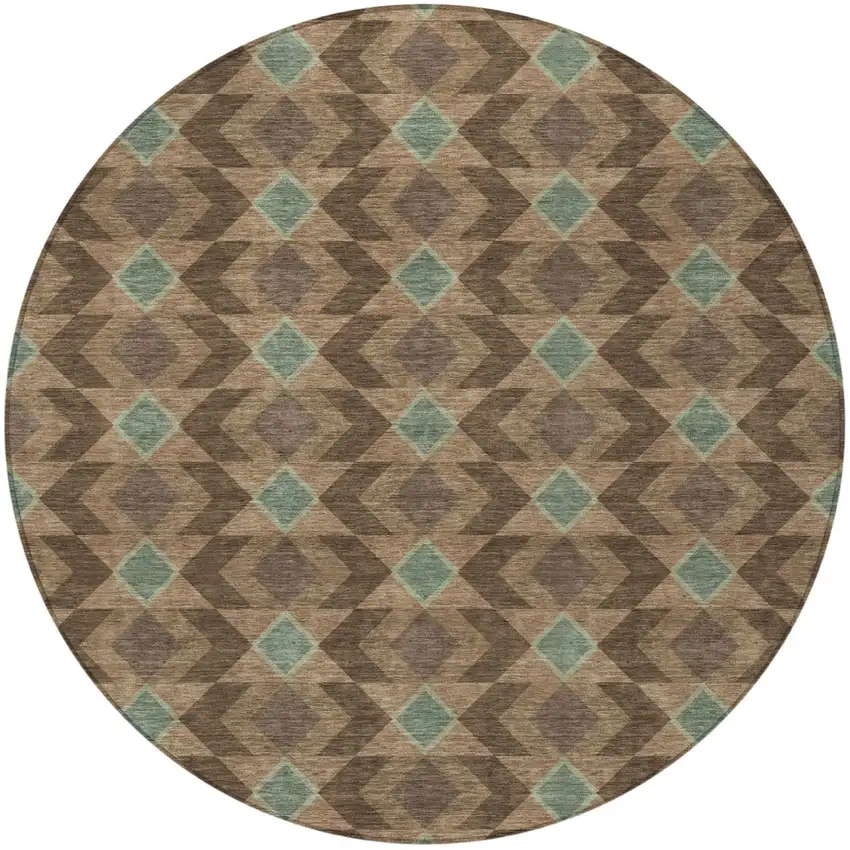 8' Chocolate And Navy Blue Round Geometric Washable Indoor Outdoor Area Rug Photo 4