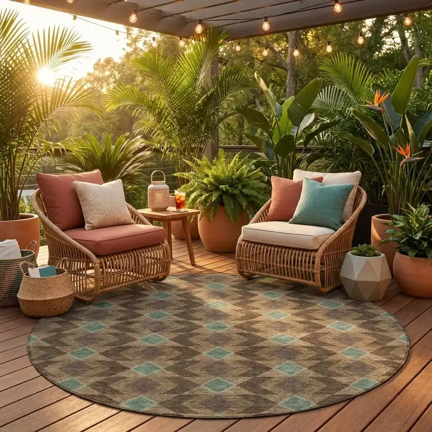 8' Chocolate And Navy Blue Round Geometric Washable Indoor Outdoor Area Rug Photo 1