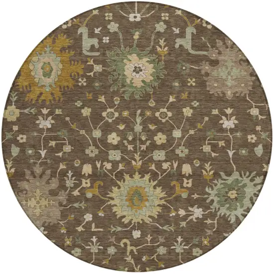 8' Chocolate And Olive Green Round Faux Bois Washable Indoor Outdoor Area Rug Photo 1