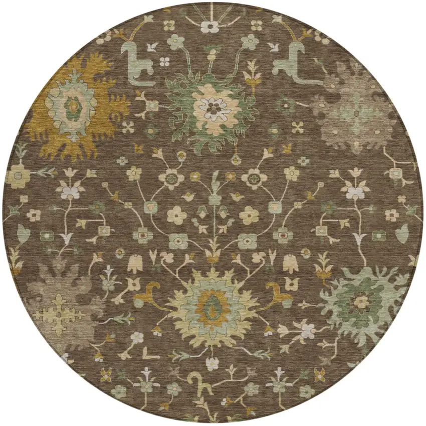 8' Chocolate And Olive Green Round Faux Bois Washable Indoor Outdoor Area Rug Photo 1