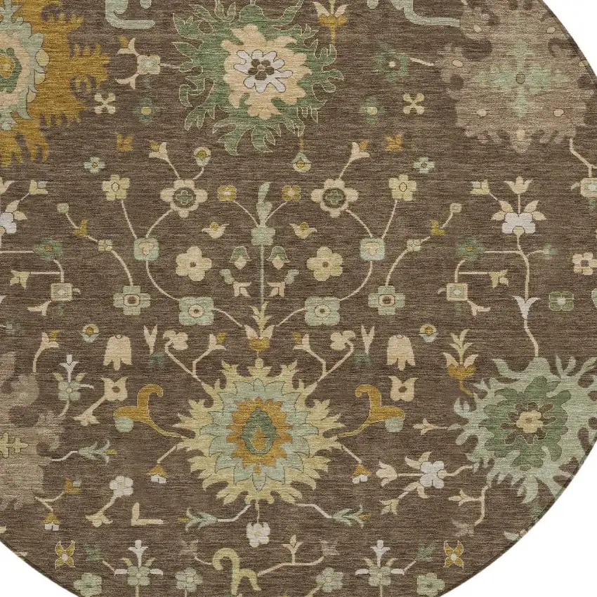 8' Chocolate And Olive Green Round Faux Bois Washable Indoor Outdoor Area Rug Photo 2