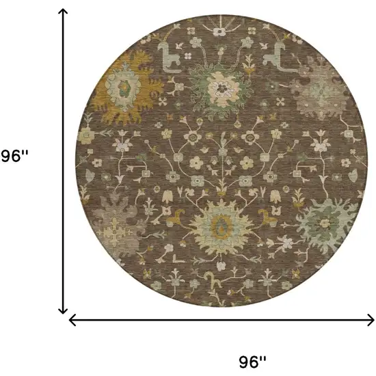 8' Chocolate And Olive Green Round Faux Bois Washable Indoor Outdoor Area Rug Photo 6