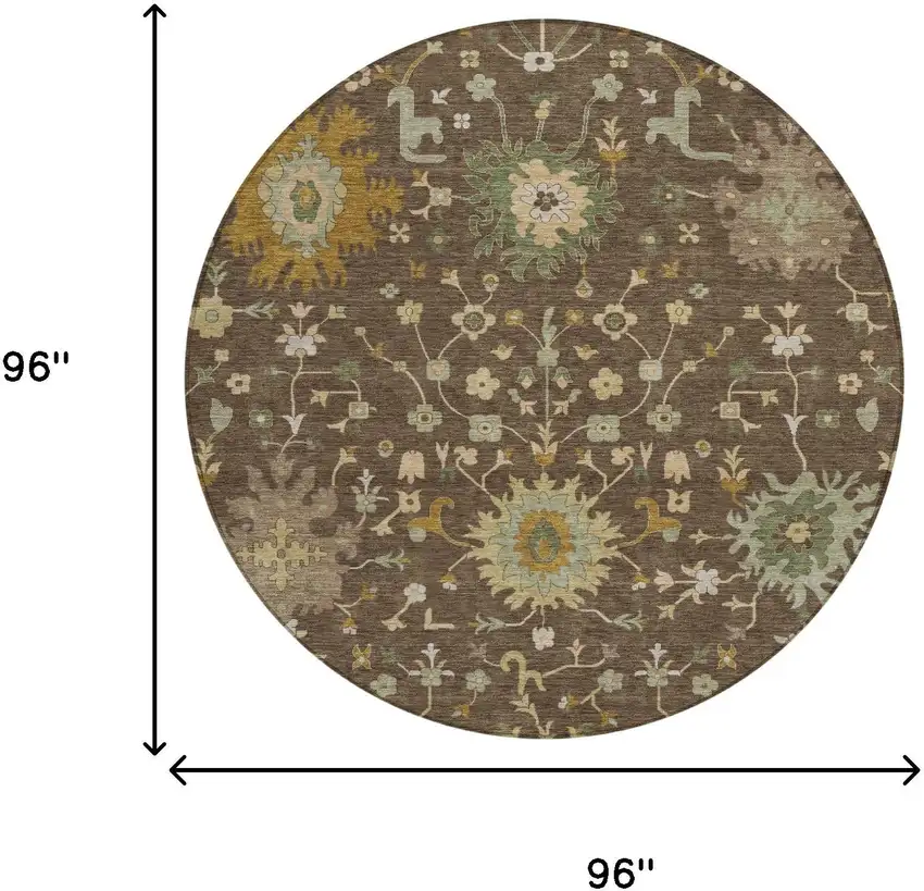 8' Chocolate And Olive Green Round Faux Bois Washable Indoor Outdoor Area Rug Photo 6