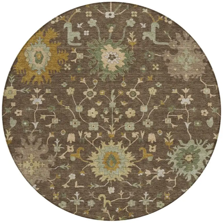 8' Chocolate And Olive Green Round Faux Bois Washable Indoor Outdoor Area Rug Photo 3