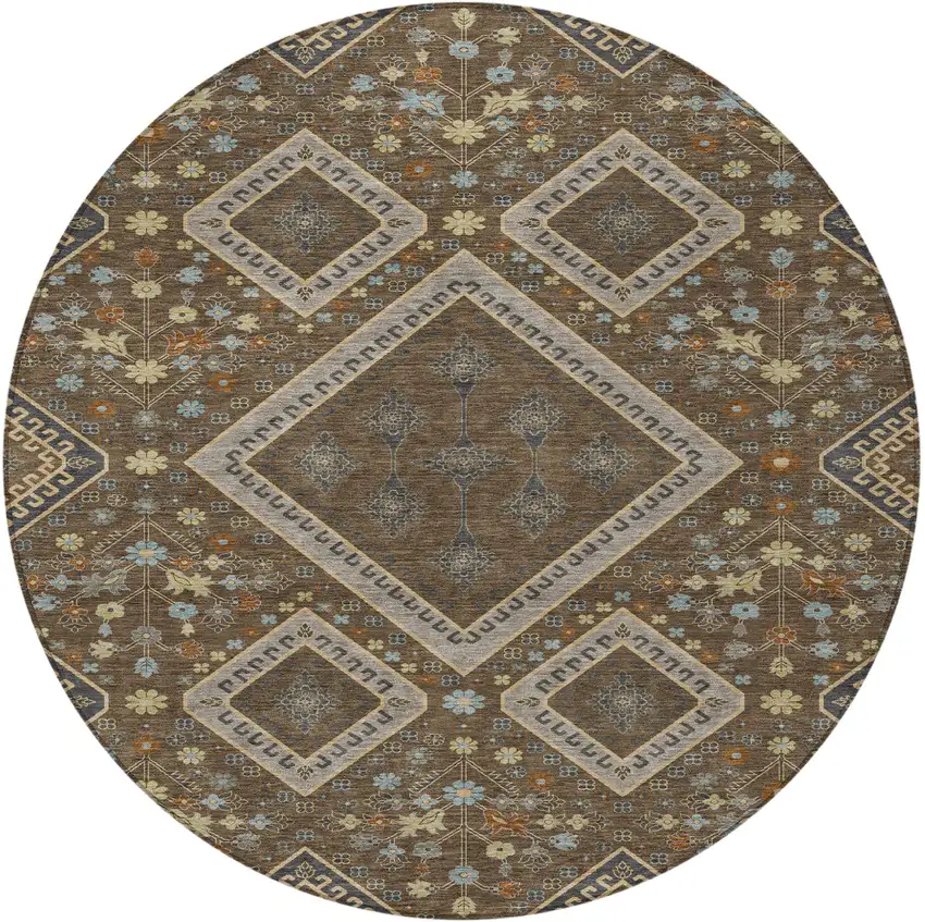 8' Chocolate And Orange Round Medallion Washable Indoor Outdoor Area Rug Photo 3