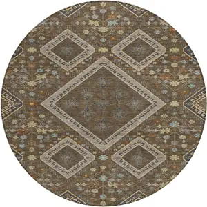 Photo of 8' Chocolate And Orange Round Medallion Washable Indoor Outdoor Area Rug