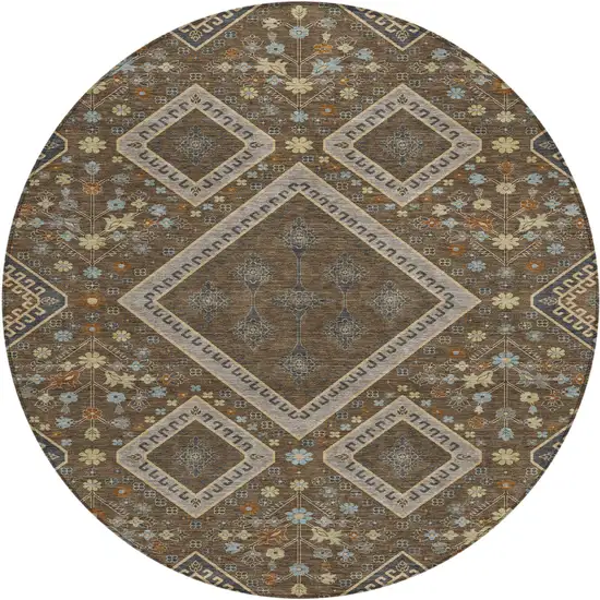 8' Chocolate And Orange Round Medallion Washable Indoor Outdoor Area Rug Photo 1