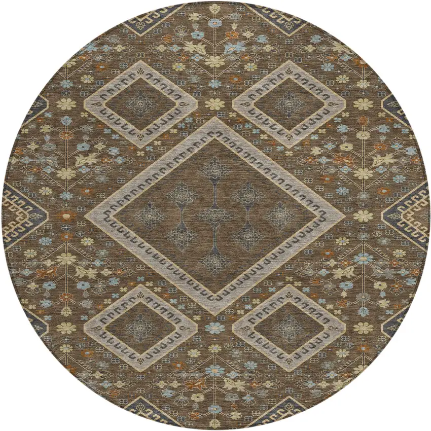 8' Chocolate And Orange Round Medallion Washable Indoor Outdoor Area Rug Photo 1