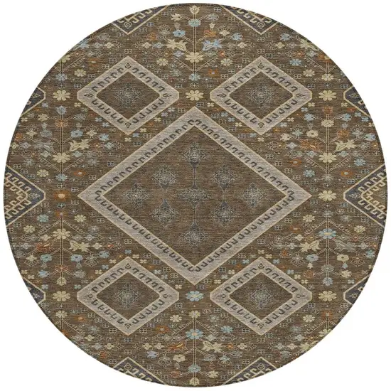 8' Chocolate And Orange Round Medallion Washable Indoor Outdoor Area Rug Photo 2