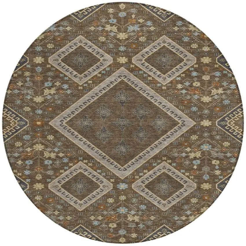 8' Chocolate And Orange Round Medallion Washable Indoor Outdoor Area Rug Photo 2