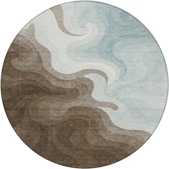 8' Chocolate And Sky Blue Round Abstract Washable Indoor Outdoor Area Rug Photo 2