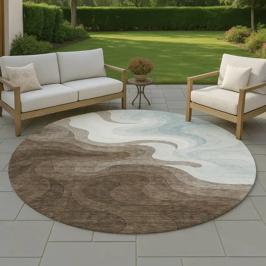 8' Chocolate And Sky Blue Round Abstract Washable Indoor Outdoor Area Rug Photo 3