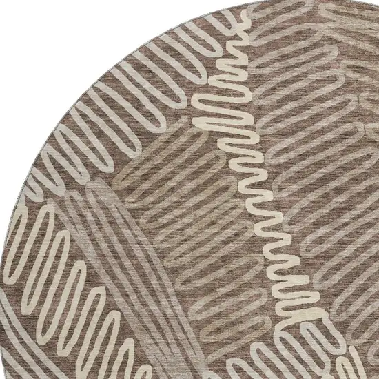 8' Chocolate And Taupe Floral Washable Round Rug With UV Protection Photo 3