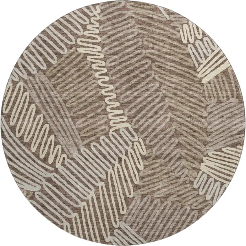 8' Chocolate And Taupe Floral Washable Round Rug With UV Protection Photo 1