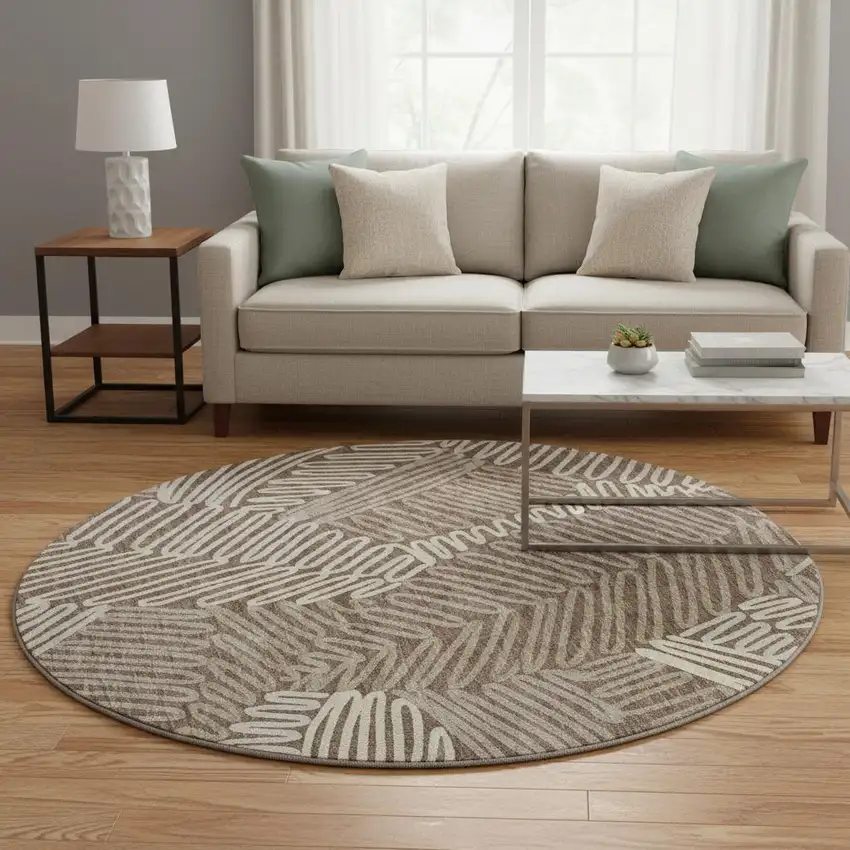 8' Chocolate And Taupe Floral Washable Round Rug With UV Protection Photo 2