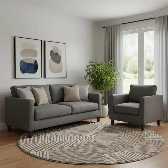 8' Chocolate And Taupe Floral Washable Round Rug With UV Protection Photo 1