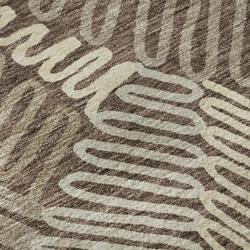 8' Chocolate And Taupe Floral Washable Round Rug With UV Protection Photo 9