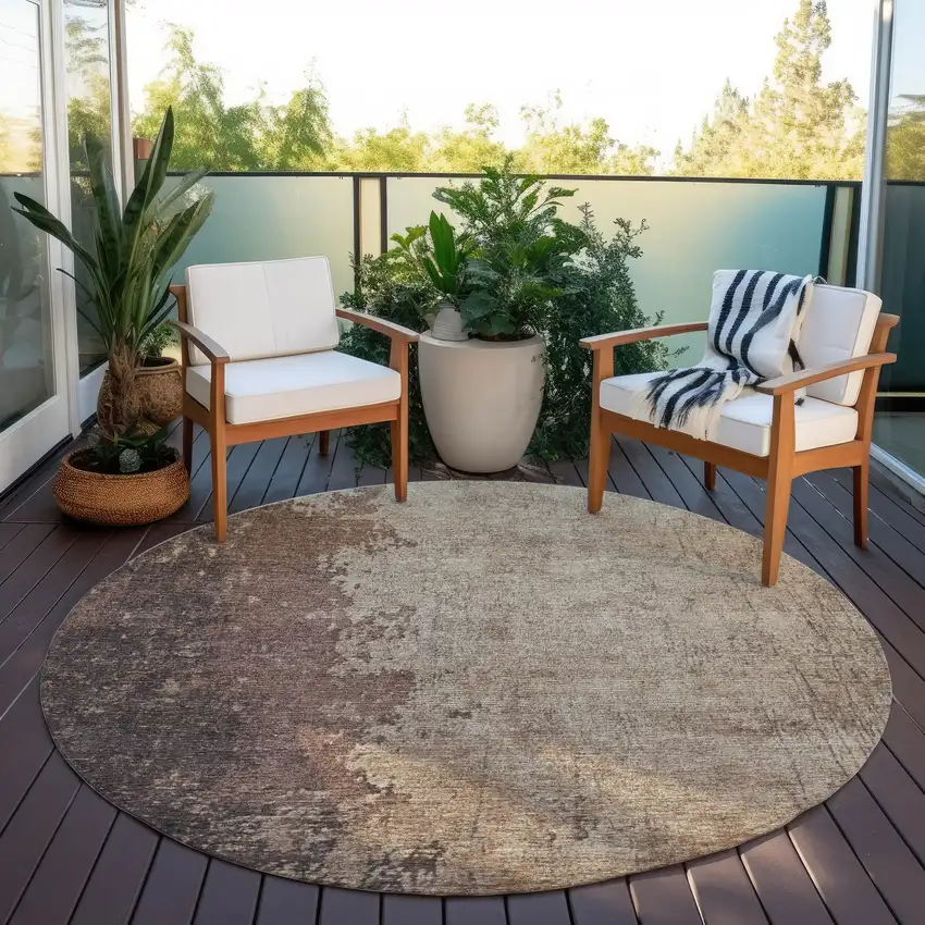 8' Chocolate And Taupe Round Abstract Washable Indoor Outdoor Area Rug Photo 5