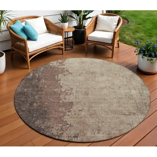 8' Chocolate And Taupe Round Abstract Washable Indoor Outdoor Area Rug Photo 2