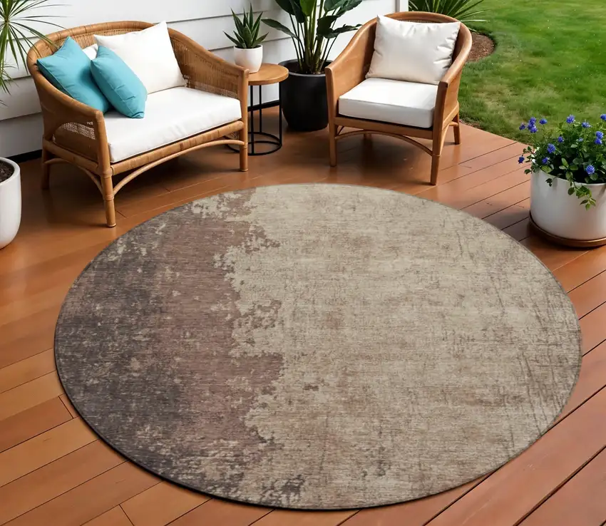 8' Chocolate And Taupe Round Abstract Washable Indoor Outdoor Area Rug Photo 2