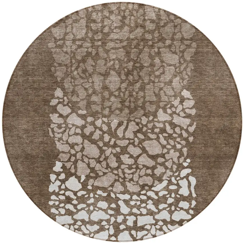 8' Chocolate And Taupe Round Abstract Washable Indoor Outdoor Area Rug Photo 5
