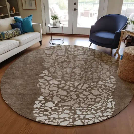8' Chocolate And Taupe Round Abstract Washable Indoor Outdoor Area Rug Photo 7