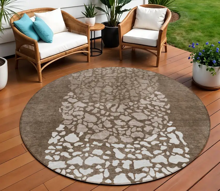 8' Chocolate And Taupe Round Abstract Washable Indoor Outdoor Area Rug Photo 1