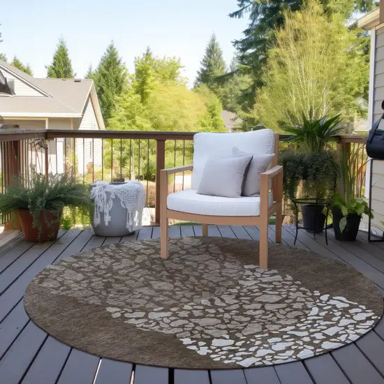 8' Chocolate And Taupe Round Abstract Washable Indoor Outdoor Area Rug Photo 6