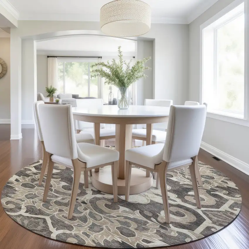 8' Chocolate And Taupe Round Damask Washable Indoor Outdoor Area Rug Photo 6