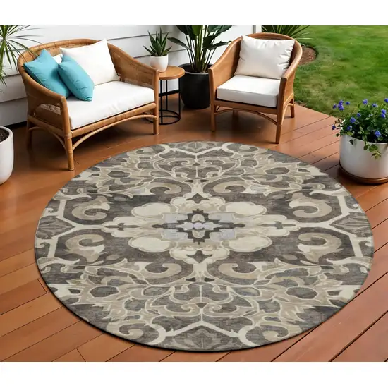 8' Chocolate And Taupe Round Damask Washable Indoor Outdoor Area Rug Photo 2