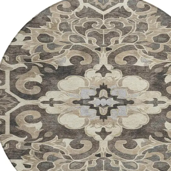 8' Chocolate And Taupe Round Damask Washable Indoor Outdoor Area Rug Photo 8