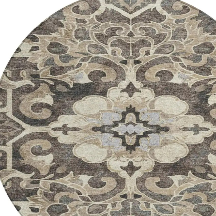 8' Chocolate And Taupe Round Damask Washable Indoor Outdoor Area Rug Photo 8