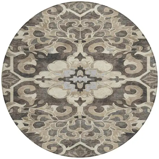 8' Chocolate And Taupe Round Damask Washable Indoor Outdoor Area Rug Photo 3