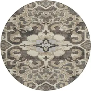 Photo of 8' Chocolate And Taupe Round Damask Washable Indoor Outdoor Area Rug