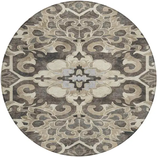 8' Chocolate And Taupe Round Damask Washable Indoor Outdoor Area Rug Photo 1