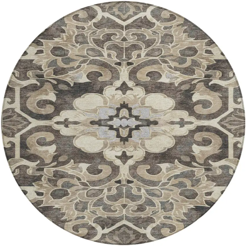 8' Chocolate And Taupe Round Damask Washable Indoor Outdoor Area Rug Photo 1