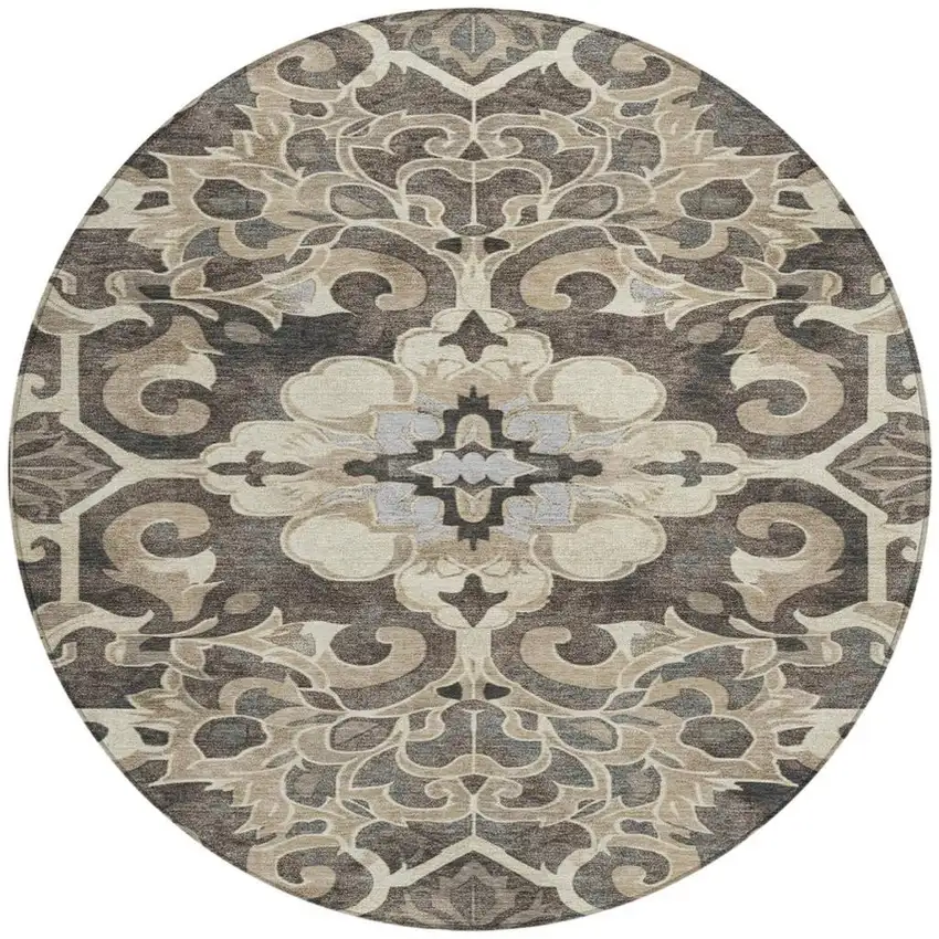 8' Chocolate And Taupe Round Damask Washable Indoor Outdoor Area Rug Photo 4